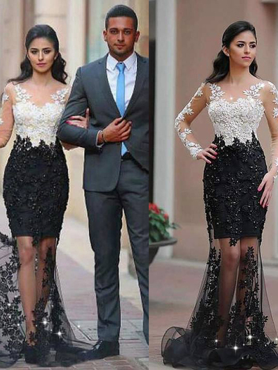 Sheath/Column Bateau Floor-length Long Sleeve Tulle Prom Dress/Evening Dresses