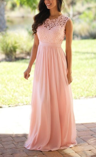 2018 Custom long chiffon Bridesmaid Dress,Sleeveless Bridesmaid Dress ,Pink Lace See THrough Bridesmaid Dress