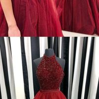 Long prom dresses, burgundy prom dresses, halter prom dress, open back prom dress, beaded top prom dress, popular inexpensive prom dress, PD15227 - Thumbnail 1
