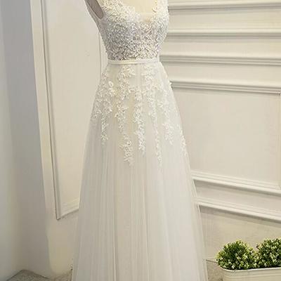 Lovely white long tulle evening formal dresses, long prom dresses 2018, v-neckline lace applique party dresses