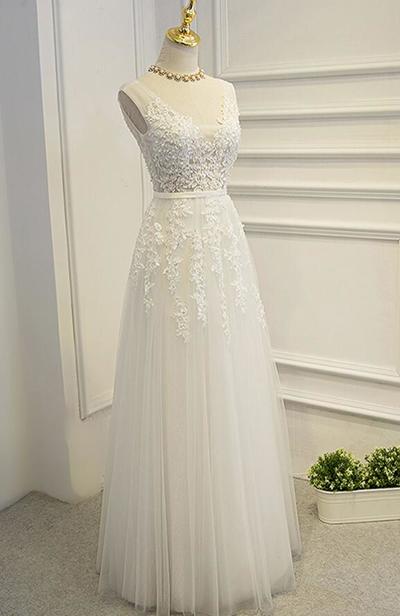 Lovely White Long Tulle Evening Formal Dresses, Long Prom Dresses 2018, V-neckline Lace Applique Party Dresses