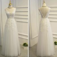 Lovely White Long Tulle Evening Formal Dresses, Long Prom Dresses 2018, V-neckline Lace Applique Party Dresses - Thumbnail 1