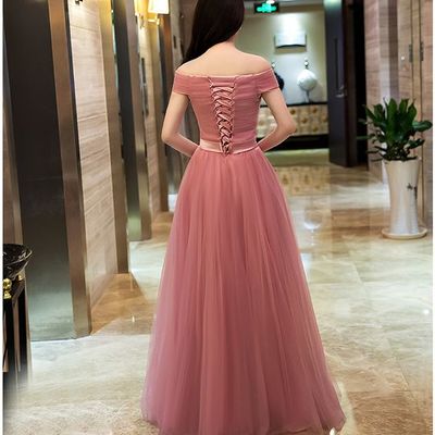 Off shoulder dusty pink gowns,long formal dresses, lace-up prom dresses 2018