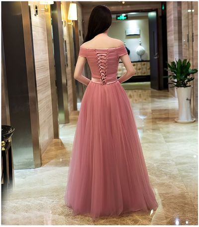 Off Shoulder Dusty Pink Gowns,Long Formal Dresses, Lace-up Prom Dresses 2018