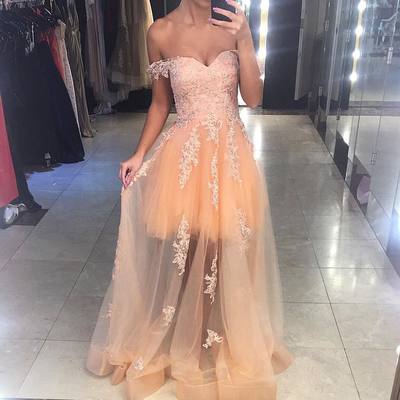 Champagne Tulle Prom Dresses, Off Shoulder Sweetheart Party Dresses, Homecoming Dresses
