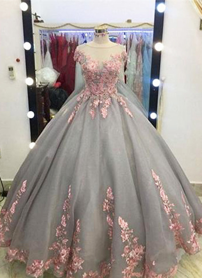 Unique Grey Long Ball Gown,Appliqued Cap Sleeves Prom Dress,Big Wedding Dresses,Grey Formal Evening Dress,Gray Quinceanera Dresses