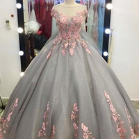 Unique Grey Long Ball Gown,Appliqued Cap Sleeves Prom Dress,Big Wedding Dresses,Grey Formal Evening Dress,Gray Quinceanera Dresses - Thumbnail 1