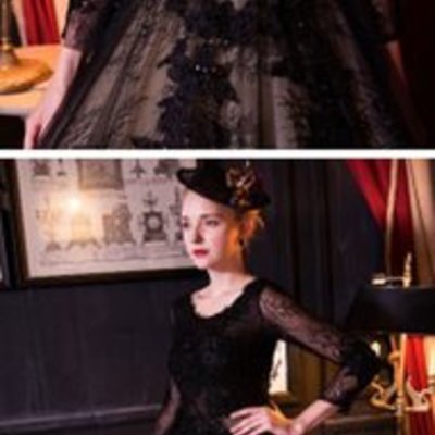Special black tulle lace scoop neck long sleeve a-line wedding dresses