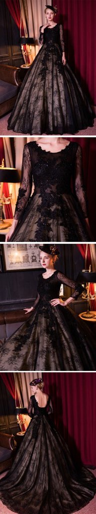 Special Black Tulle Lace Scoop Neck Long Sleeve A-line Wedding Dresses
