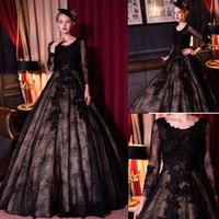 Special Black Tulle Lace Scoop Neck Long Sleeve A-line Wedding Dresses - Thumbnail 1