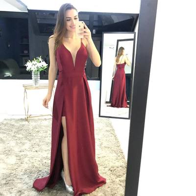 Burgundy Long Satin Deep V neck Evening Gowns Sleeveless Formal Dress with Side Slit