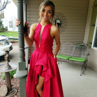 Sexy Side Slit Red Satin Long Prom Dresses Illusion Neck Party Gowns with Pockets - Thumbnail 1