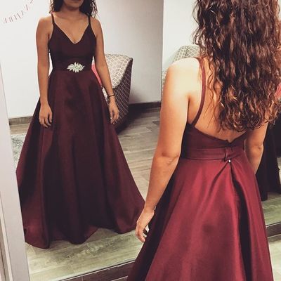 Claret v neck prom dress,backless a line formal gown with thin straps