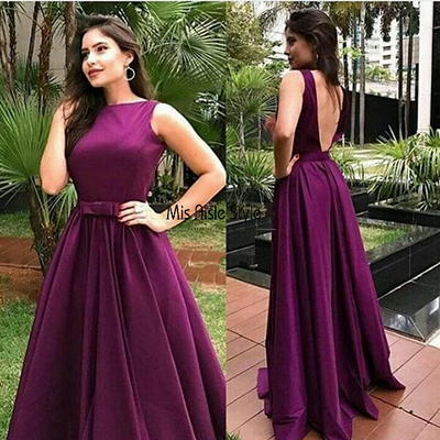 Backless wild berry prom dress ,elegant a line satin pageant gown