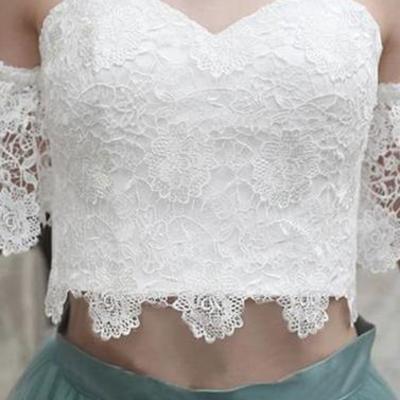 White lace top two pieces short prom dress,tulle homecoming dresses