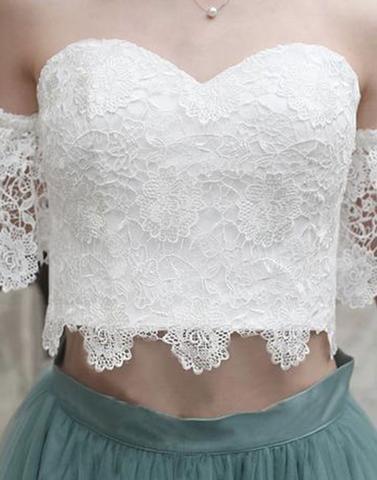 White lace Top two pieces short prom dress,tulle homecoming dresses