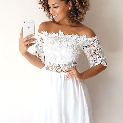 White a-line off shoulder half sleeves homecoming dress with lace