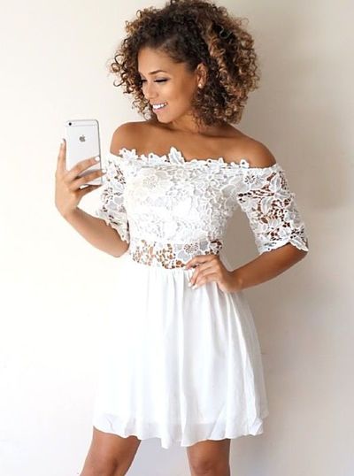 White A-Line Off Shoulder Half Sleeves Homecoming Dress with Lace