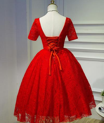 Charming Lace Red Vintage Style Teen Length Party Gowns, Red Lace Formal Gowns, Lace Party Dresses
