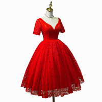 Charming Lace Red Vintage Style Teen Length Party Gowns, Red Lace Formal Gowns, Lace Party Dresses - Thumbnail 1