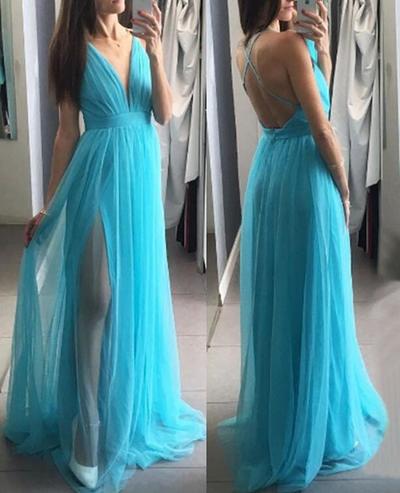 Blue Straps Deep V-neckline Slit Long Party Dresses, Blue Formal Gowns, Sexy Evening Dresses
