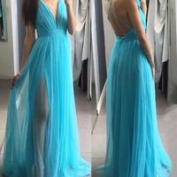 Blue Straps Deep V-neckline Slit Long Party Dresses, Blue Formal Gowns, Sexy Evening Dresses - Thumbnail 1