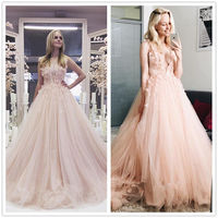 Shiny Tulle A Line Wedding Dresses Deep V Neck Handmade Bridal Gowns - Thumbnail 1