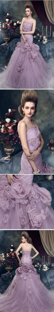 Gorgeous Strapless Mermaid Light Purple Tulle Appliques Wedding Dresses