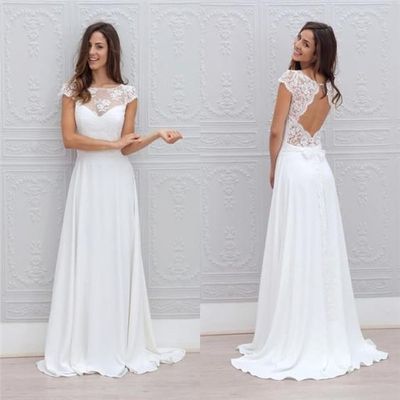 Simple a line beach wedding dresses sheer lace appliques scoop open back capped sleeves floor length chiffon bridal wedding gowns - Thumbnail 1