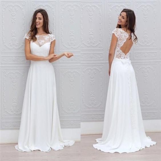 Simple A Line Beach Wedding Dresses Sheer Lace Appliques Scoop Open Back Capped Sleeves Floor Length Chiffon Bridal Wedding Gowns