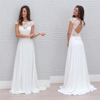 Simple A Line Beach Wedding Dresses Sheer Lace Appliques Scoop Open Back Capped Sleeves Floor Length Chiffon Bridal Wedding Gowns