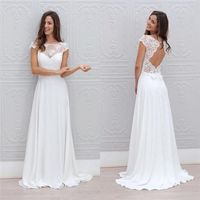 Simple A Line Beach Wedding Dresses Sheer Lace Appliques Scoop Open Back Capped Sleeves Floor Length Chiffon Bridal Wedding Gowns - Thumbnail 1