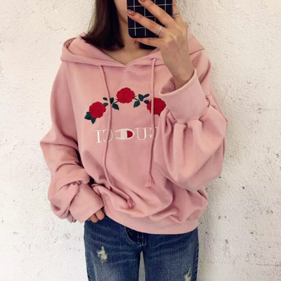 Rose flower embroidered hoodies - Thumbnail 5