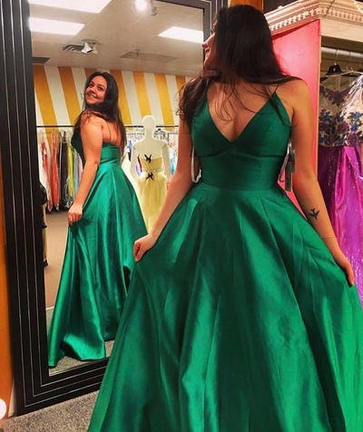 Simple Spaghetti Straps Green Long Prom Dresses