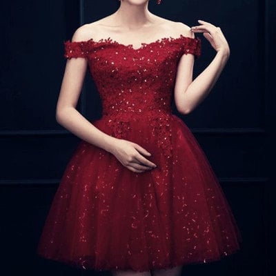 Burgundy off the shoulder short homecoming dress with appliques - Thumbnail 5