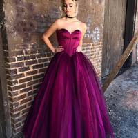  Simple burgundy strapless tulle long prom dress, burgundy evening dresses - Thumbnail 1