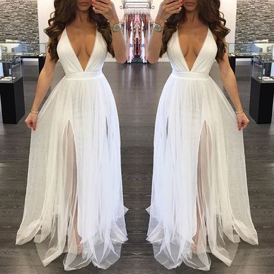Simple white  v neck long prom dress, tulle evening dresses - Thumbnail 5