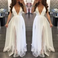 Simple white  v neck long prom dress, tulle evening dresses - Thumbnail 1