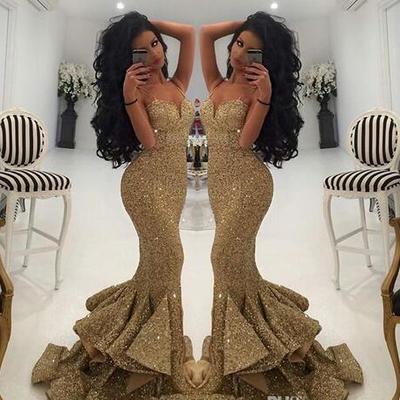 New designer bling gold sequins mermaid prom dresses 2017 spaghetti open back ruffles sweep train evening gowns pageant dress formal ba1086