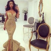New Designer Bling Gold Sequins Mermaid Prom Dresses 2017 Spaghetti Open Back Ruffles Sweep Train Evening Gowns Pageant Dress Formal BA1086 - Thumbnail 1