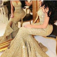 New Designer Bling Gold Sequins Mermaid Prom Dresses 2017 Spaghetti Open Back Ruffles Sweep Train Evening Gowns Pageant Dress Formal BA1086 - Thumbnail 3