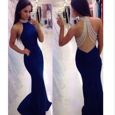 Vestidos de festa curto royal blue prom dresses 2016 crystal high neck mermaid 2 piece prom dress chiffon special occasion evening gowns