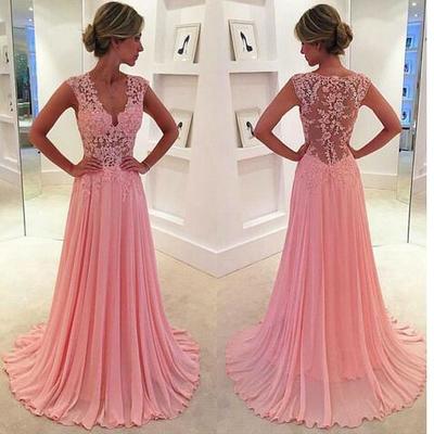 2017 prom dresses v-neck pink sheer lace chiffon a line floor length long evening party gowns