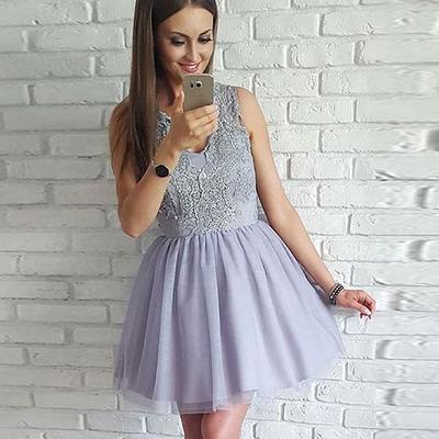 Cute gray v neck lace short short prom dress, tulle homecoming dress - Thumbnail 2