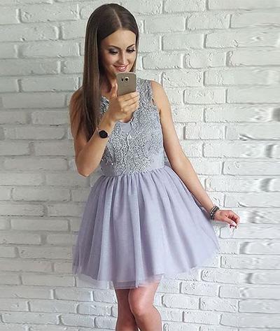 Cute gray v neck lace short short prom dress, tulle homecoming dress