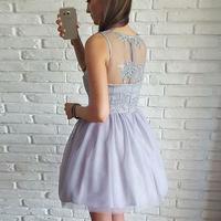 Cute gray v neck lace short short prom dress, tulle homecoming dress - Thumbnail 1