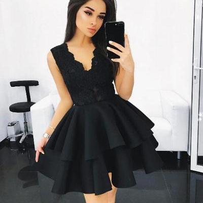 Black lace short prom dress, black homecoming dress - Thumbnail 5