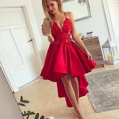 Red v neck high low prom dress, red homecoming dress - Thumbnail 5