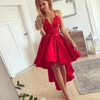 Red V neck high low prom dress, red homecoming dress - Thumbnail 1
