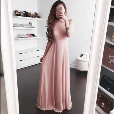 Simple pink chiffon a line long prom dress, pink evening dress